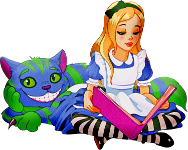 Alice in Wonderland reading book to Cheshire Cat