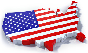 3D American flag overlaid on map of USA