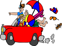 three guys heading to the beach in a car