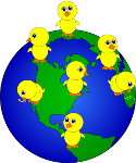 multiple chicks standing on globe of earth