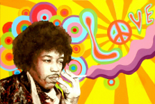 Jimi Hendrix smoking a cigarette with 1960s-style background