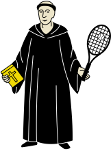 monk holding tennis racket with ball