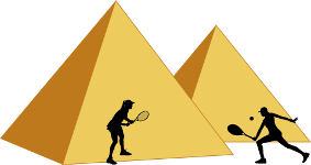 two tennis players playing in front of two pyramids