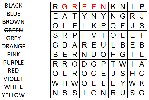 basic word search grid with list of 12 hidden words