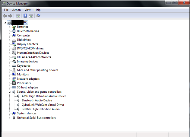 image of Windows 7 Device Manager panel with "Sound, video and game controllers" category expanded.