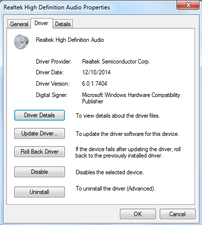 Driver tab of Realtek High Definition Audio Properties panel in Windows 7, showing the driver is enabled.