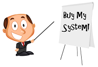 cartoon businessman pointing to flip chart with words Buy My System!