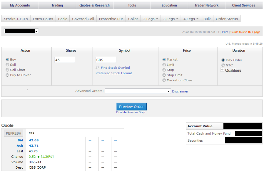 screenshot: tradeking.com order entry screen, market buy order