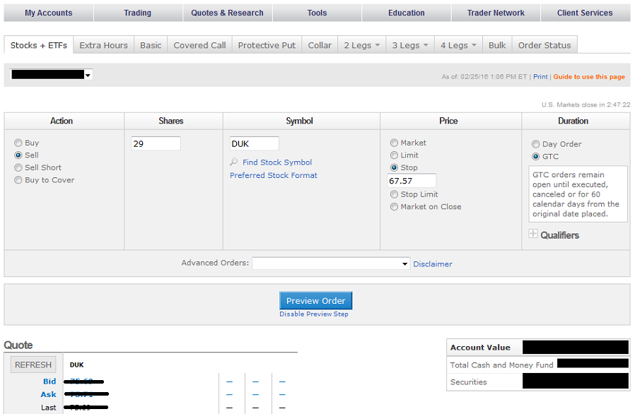 screenshot: tradeking.com order entry screen, sell stop order
