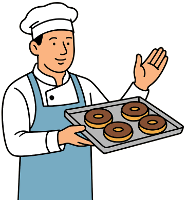 baker holding pan of donuts, waving
