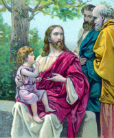 Jesus holding young child while flanked by two disciples