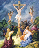 Scene on Mount Calvary with Jesus on the central cross, flanked by two thieves