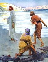 Jesus standing on shoreline with two disciples