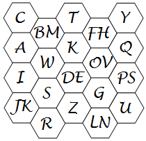 20 interlocking hexagons inscribed with letters