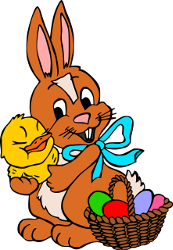 Bunny holding little chick with basket of colored eggs