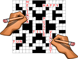 two hands filling in a crossword grid