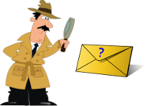 detective with magnifying glass and envelope with question mark