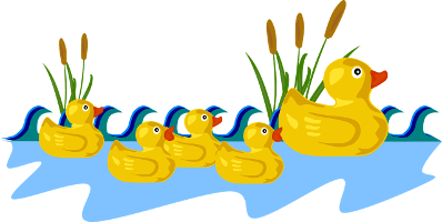 mother duck with four ducklings in a row