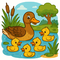 four ducklings with mother in pond