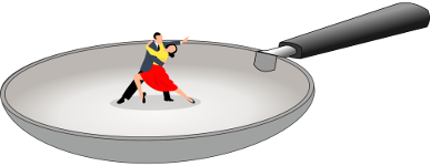 man and woman dancing in a giant frying pan