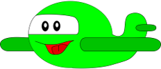 cartoon of green airplane with smiling face
