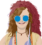 Janis Joplin wearing blue hippie glasses and beads