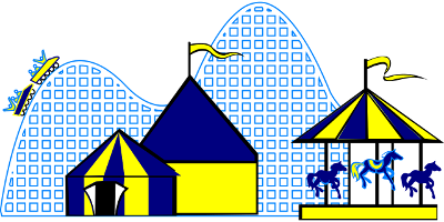 amusement park with rollercoaster, carousel and tents