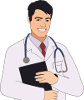 smiling male doctor in white lab coat with stethoscope