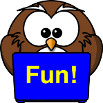 owl playing battleship game with word FUN! written on laptop