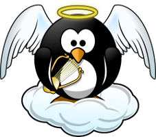 penguin angel on cloud with halo, harp and wings