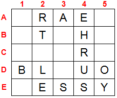 alpha-numerically labeled 5 by 5 grid containing the phrase 'Bless your heart'