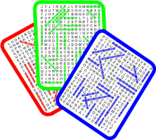 three poker cards printed with word search puzzles