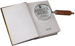 Sherlock Holmes book opened at title page, with magnifying glass