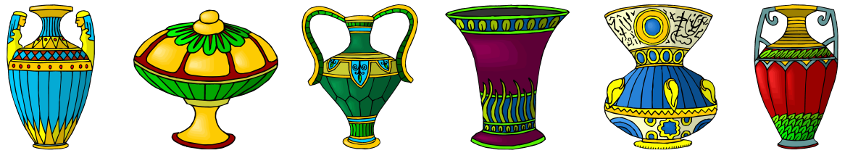 six colorful vases of different styles