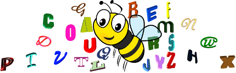 cartoon bee flying around the 26 letters of the alphabet