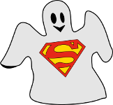 cartoon image of a ghost with a Superman logo on his chest