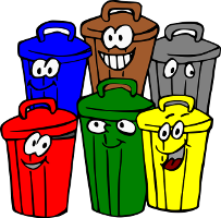 six colorful trash bins with googly eyes