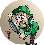 cartoon detective with magnifying glass and question mark