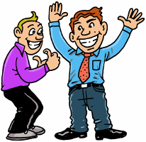 two men with thumbs and arms up