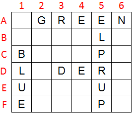 alpha-numerically labeled 6 by 6 grid containing 4 words