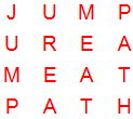 4 by 4 word square puzzle with solution words JUMP, UREA, MEAT, PATH