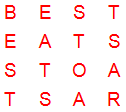 4 by 4 word square puzzle with solution words BEST, EATS, STOA, TSAR