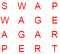 4 by 4 word square puzzle with solution words SWAP, WAGE, AGAR, PERT