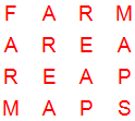 4 by 4 word square puzzle with solution words FARM, AREA, REAP, MAPS