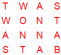 4 by 4 word square puzzle with solution words TWAS, WONT, ANNA, STAB