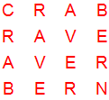 4 by 4 word square puzzle with solution words CRAB, RAVE, AVER, BERN