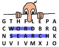eight-by-four grid of letters with WORD and SEARCH highlighted, with Kilroy looking downward